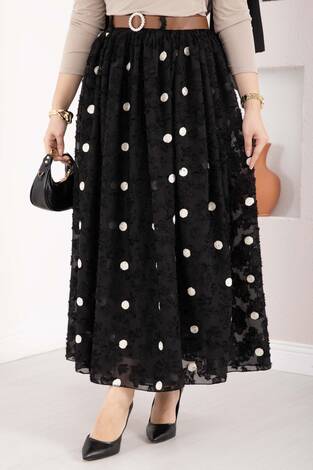 Şifon Puantiyeli Balon Etek Siyah - Thumbnail