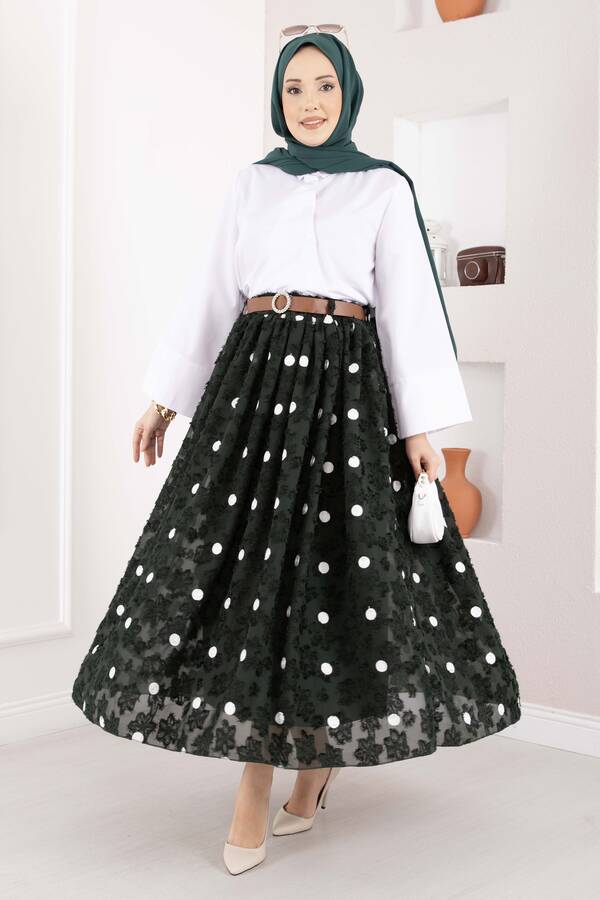Tab - Şifon Puantiyeli Balon Etek Zümrüt