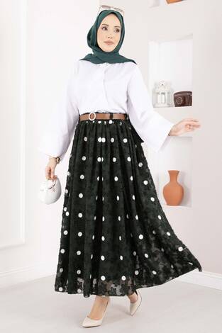 Şifon Puantiyeli Balon Etek Zümrüt - Thumbnail
