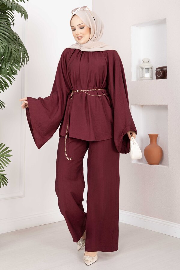 Svs - Şık Kolyeli Tunik Pantolon Takım Bordo