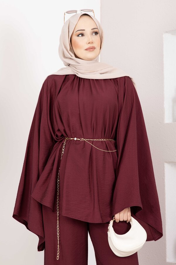 Svs - Şık Kolyeli Tunik Pantolon Takım Bordo (1)