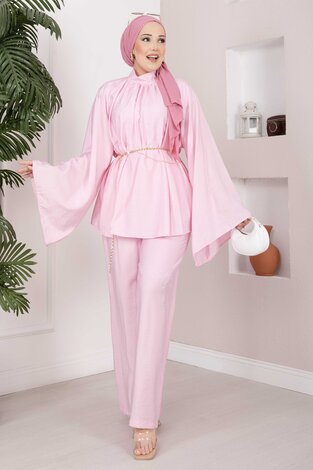 Şık Kolyeli Tunik Pantolon Takım Pembe
