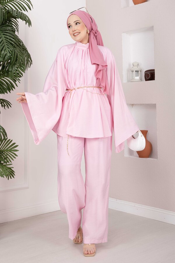 Şık Zincir Kemerli Tunik Pantolon Takım Pembe - 3