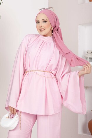 Şık Kolyeli Tunik Pantolon Takım Pembe - Thumbnail