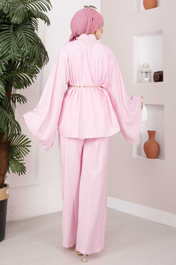 Şık Zincir Kemerli Tunik Pantolon Takım Pembe - 4