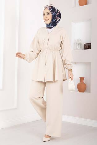 Silva Beli Büzgülü Tunik Takım Bej - Thumbnail