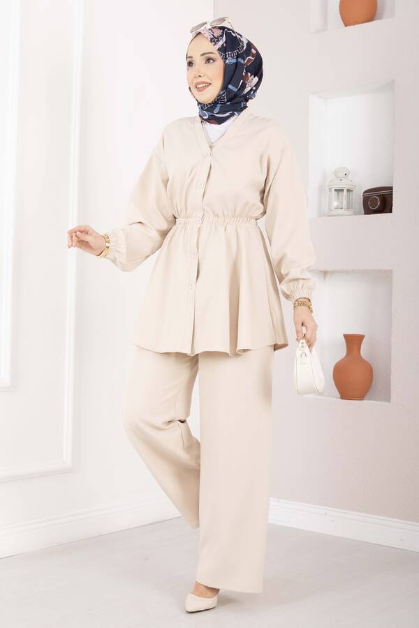 Mat - Silva Beli Büzgülü Tunik Takım Bej