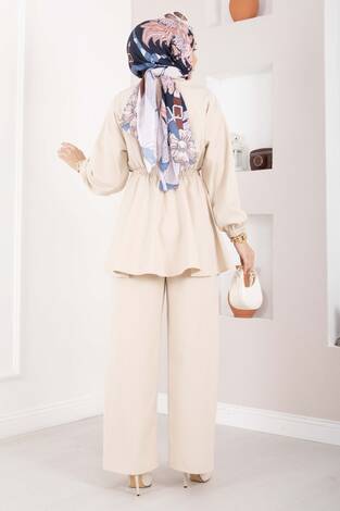 Silva Beli Büzgülü Tunik Takım Bej - Thumbnail