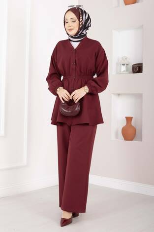 Silva Beli Büzgülü Tunik Takım Bordo - Thumbnail