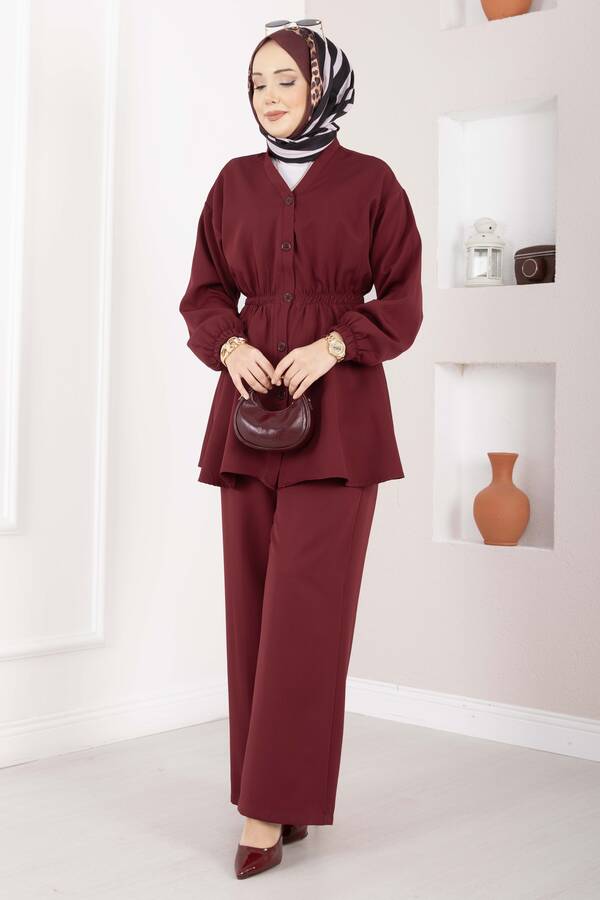 Silva Beli Büzgülü Tunik Takım Bordo - 3