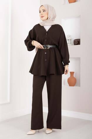 Silva Beli Büzgülü Tunik Takım Kahve - Thumbnail