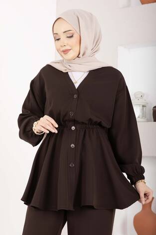 Silva Beli Büzgülü Tunik Takım Kahve - Thumbnail