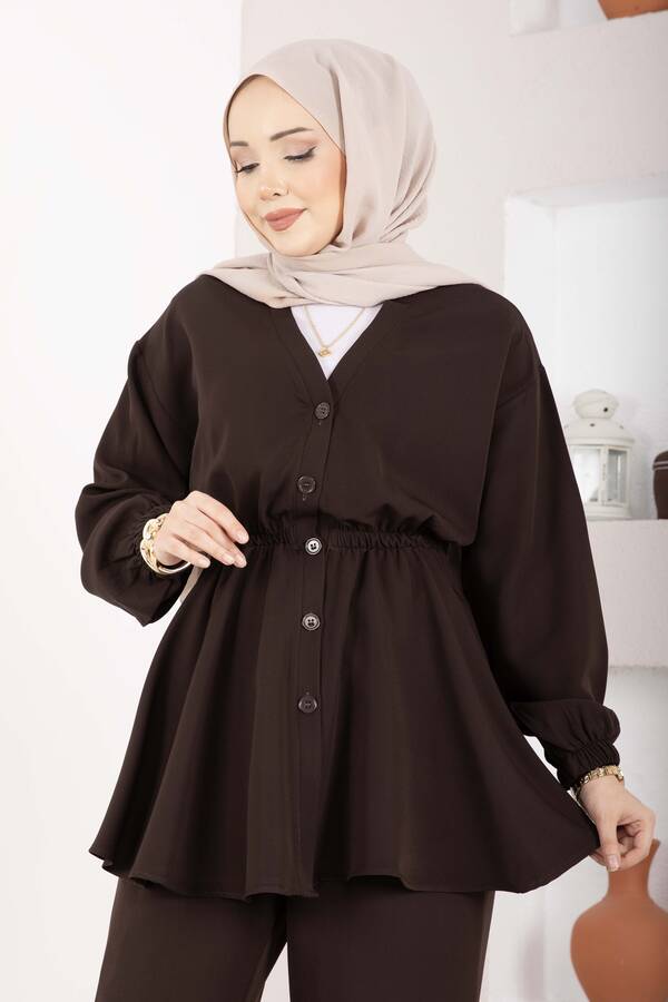Mat - Silva Beli Büzgülü Tunik Takım Kahve (1)