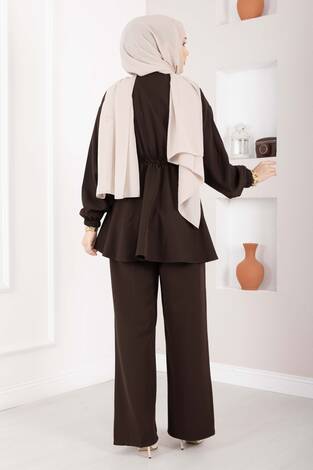 Silva Beli Büzgülü Tunik Takım Kahve - Thumbnail