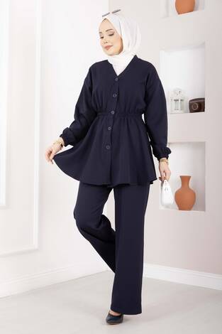 Silva Beli Büzgülü Tunik Takım Lacivert - Thumbnail