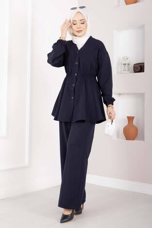 Silva Beli Büzgülü Tunik Takım Lacivert - Thumbnail