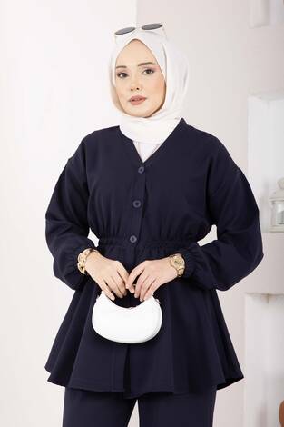 Silva Beli Büzgülü Tunik Takım Lacivert - Thumbnail