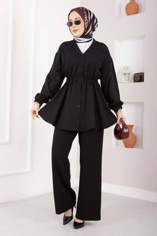 Silva Beli Büzgülü Tunik Takım Siyah - Thumbnail