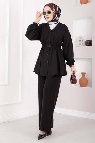 Silva Beli Büzgülü Tunik Takım Siyah - Thumbnail