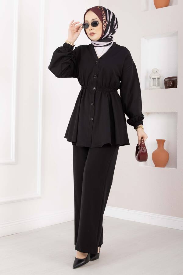 Mat - Silva Beli Büzgülü Tunik Takım Siyah (1)