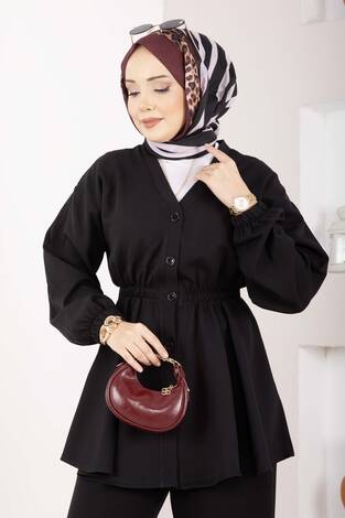 Silva Beli Büzgülü Tunik Takım Siyah - Thumbnail