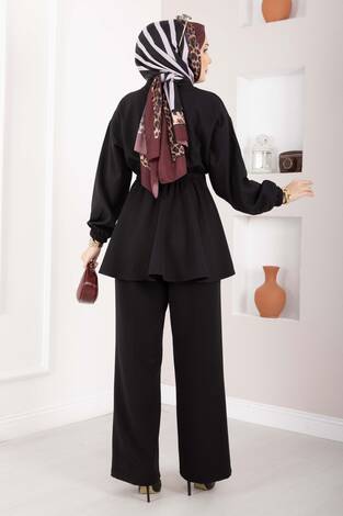 Silva Beli Büzgülü Tunik Takım Siyah - Thumbnail