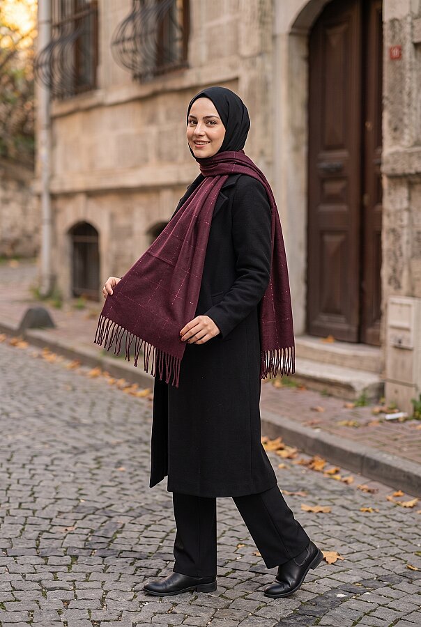 Sim Detaylı Omuz Şalı Bordo (1)