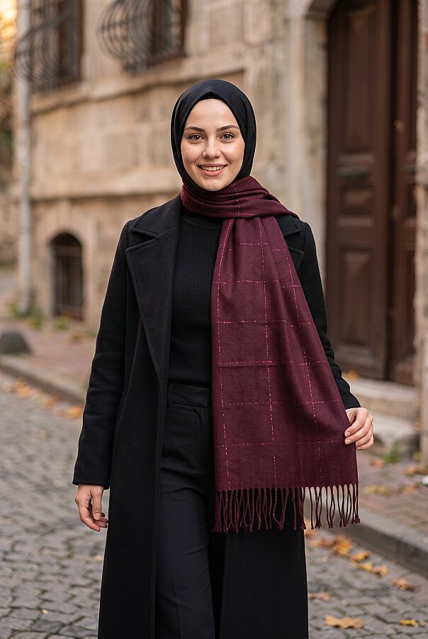 Sim Detaylı Omuz Şalı Bordo