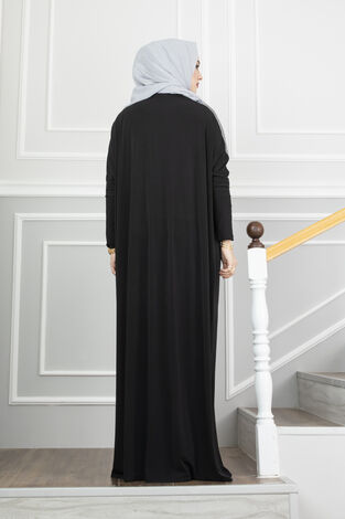 Sim Şeritli Tesettür Ferace Elbise Siyah - Thumbnail