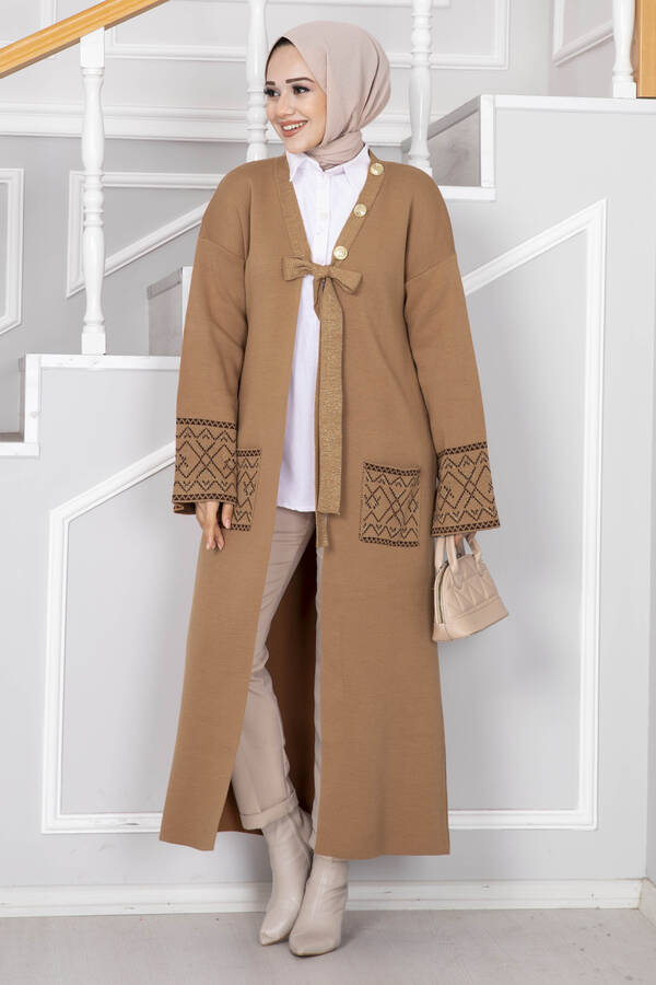Mi̇ - Simli Triko Tesettür Hırka Camel