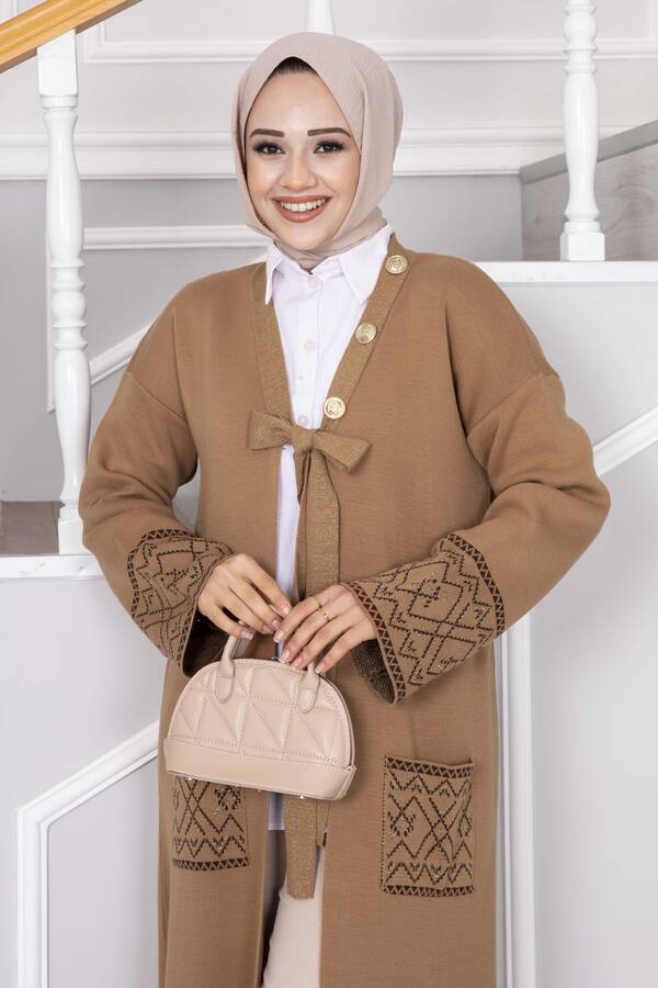 Mi̇ - Simli Triko Tesettür Hırka Camel (1)