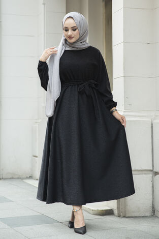 Simli Yarasa Kol Tesettür Elbise 180SB-9508 Siyah - Thumbnail
