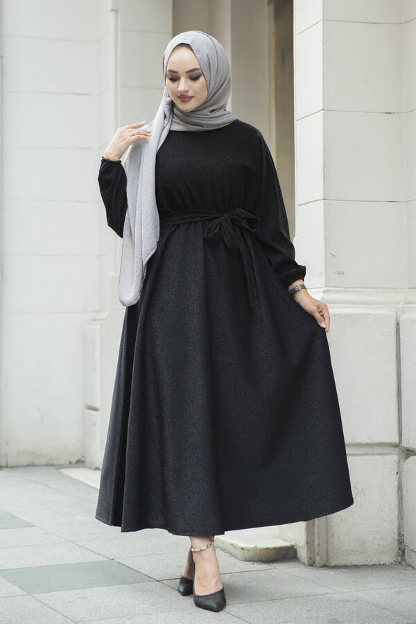 Simli Yarasa Kol Tesettür Elbise 180SB-9508 Siyah