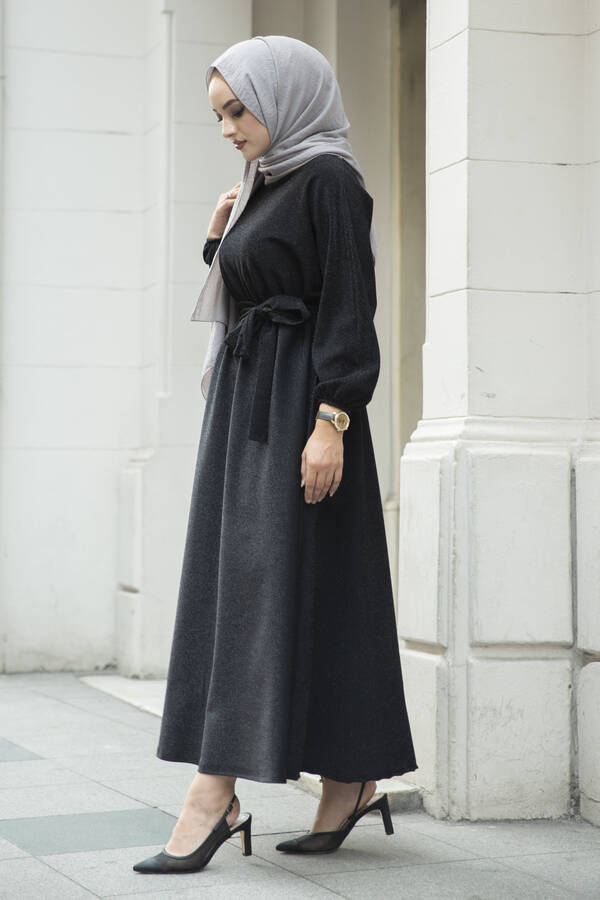 Simli Yarasa Kol Tesettür Elbise 180SB-9508 Siyah
