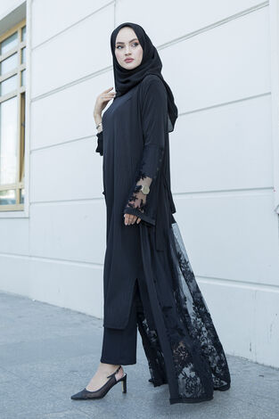 Siyah İşlemeli Abaya 16380-4 - Thumbnail