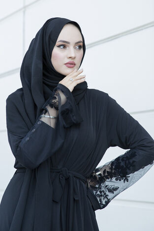 Siyah İşlemeli Abaya 16380-4 - Thumbnail