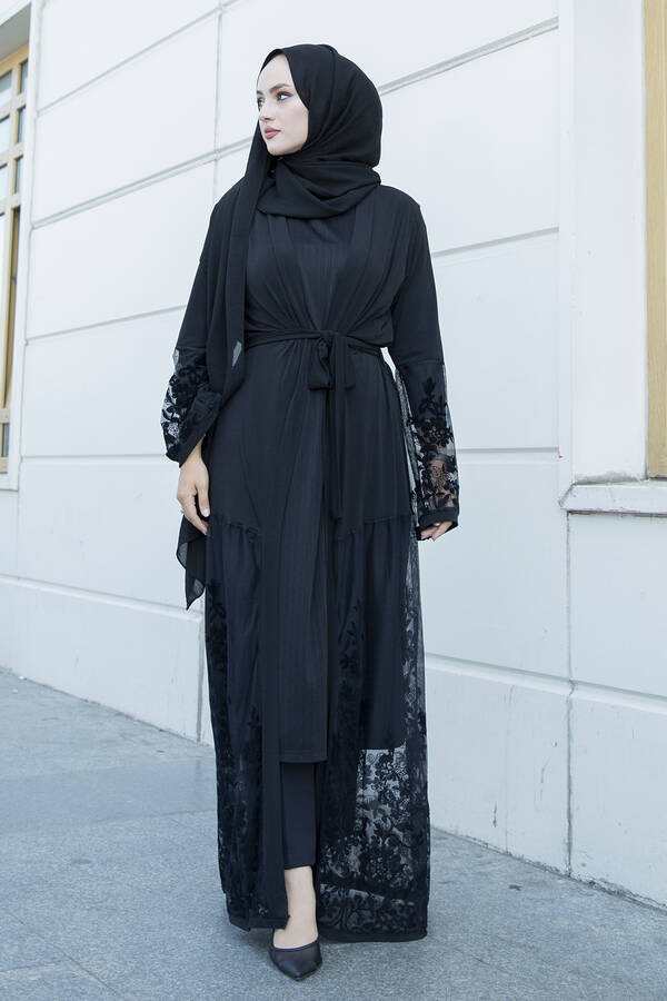 Siyah İşlemeli Abaya 16380-4