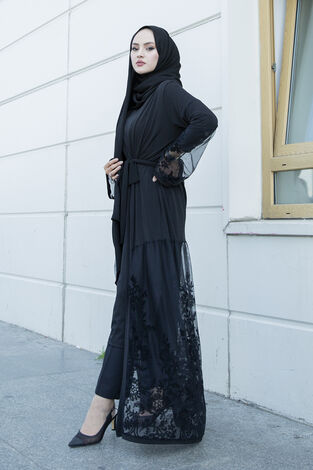 Siyah İşlemeli Abaya 16380-4 - Thumbnail