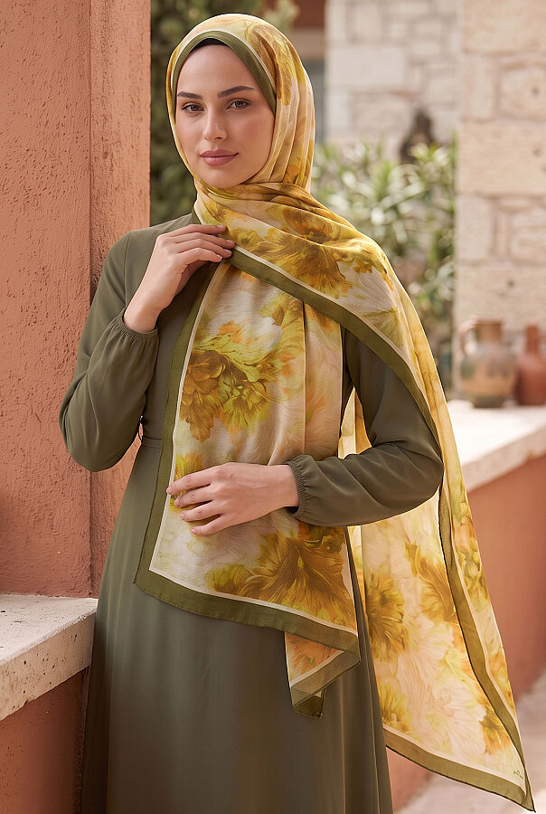 Soft Floral  Şal Serisi Haki (1)