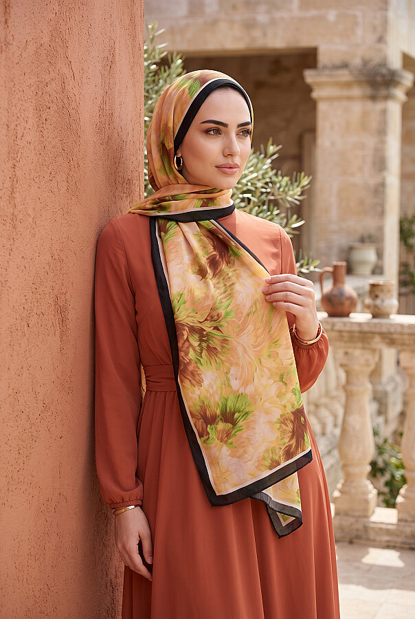 Soft Floral  Şal Serisi Siyah-Turuncu