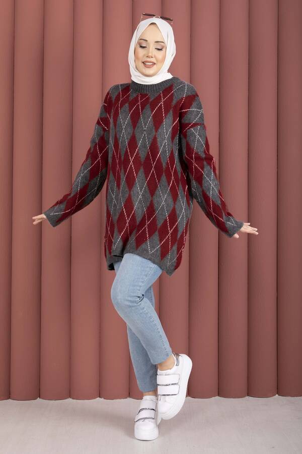 Mo - Softie Baklava Desenli Triko Kazak Bordo-Gri