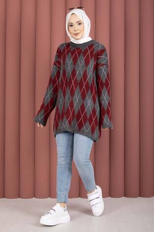 Softie Baklava Desenli Triko Kazak Bordo-Gri - Thumbnail