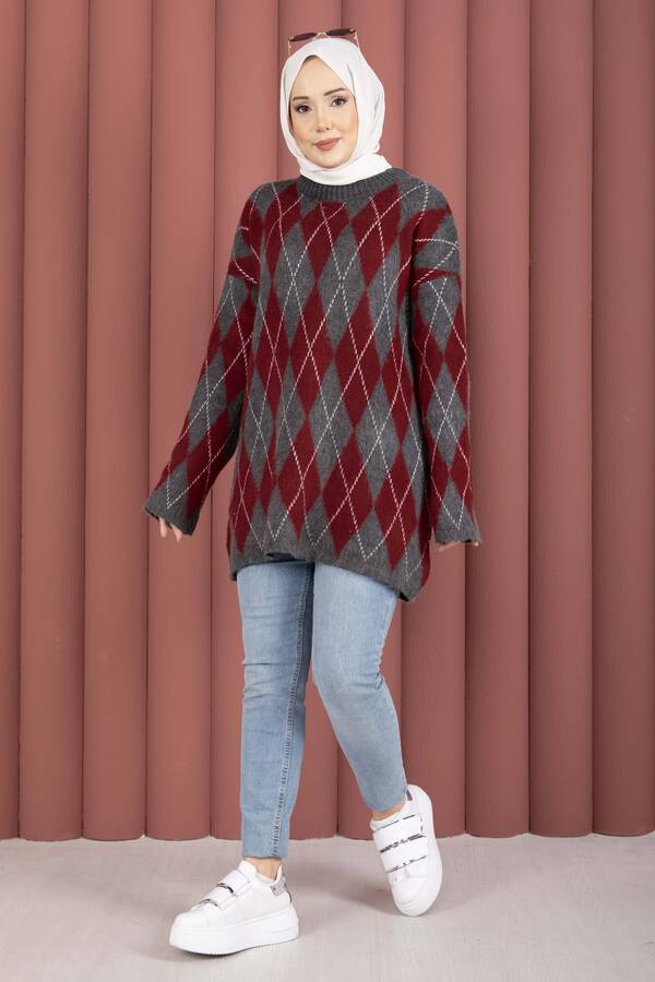 Softie Baklava Desenli Triko Kazak Bordo-Gri - 3
