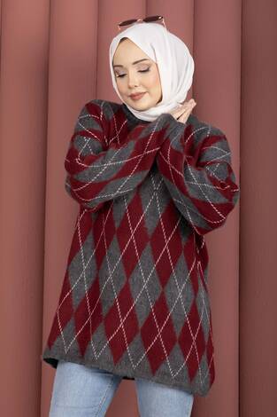 Softie Baklava Desenli Triko Kazak Bordo-Gri - Thumbnail