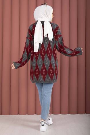 Softie Baklava Desenli Triko Kazak Bordo-Gri - Thumbnail