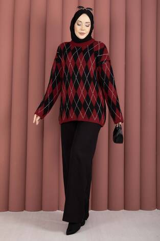 Softie Baklava Desenli Triko Kazak Bordo-Siyah - Thumbnail