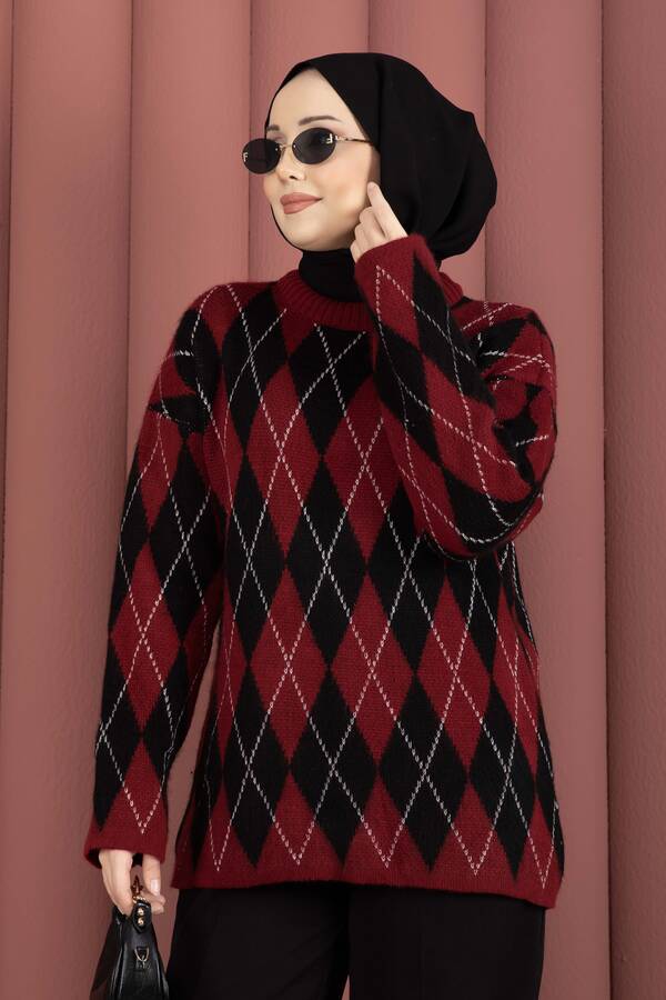 Mo - Softie Baklava Desenli Triko Kazak Bordo-Siyah (1)