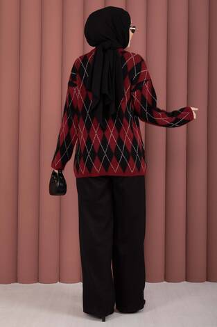 Softie Baklava Desenli Triko Kazak Bordo-Siyah - Thumbnail