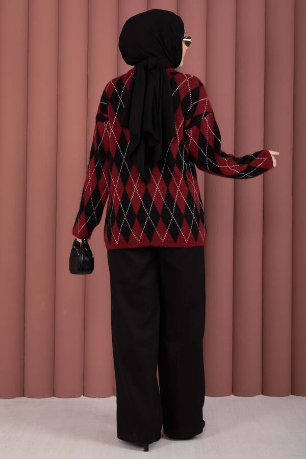 Softie Baklava Desenli Triko Kazak Bordo-Siyah - 5