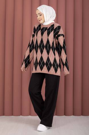 Softie Baklava Desenli Triko Kazak Gülkurusu - Thumbnail